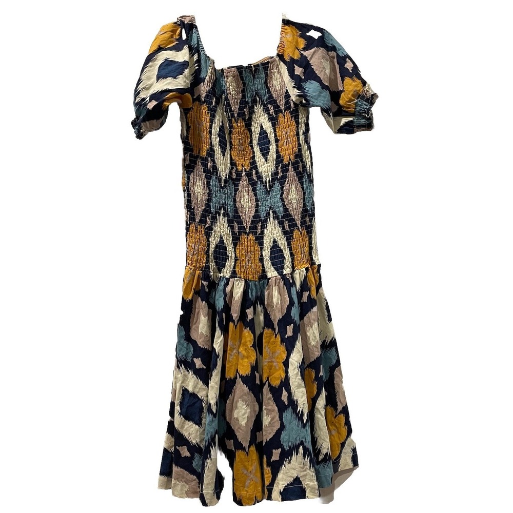 Midnight Velvet Dress Women's Aztec Smocked Linen Cotton Art To Wear Boho Large
